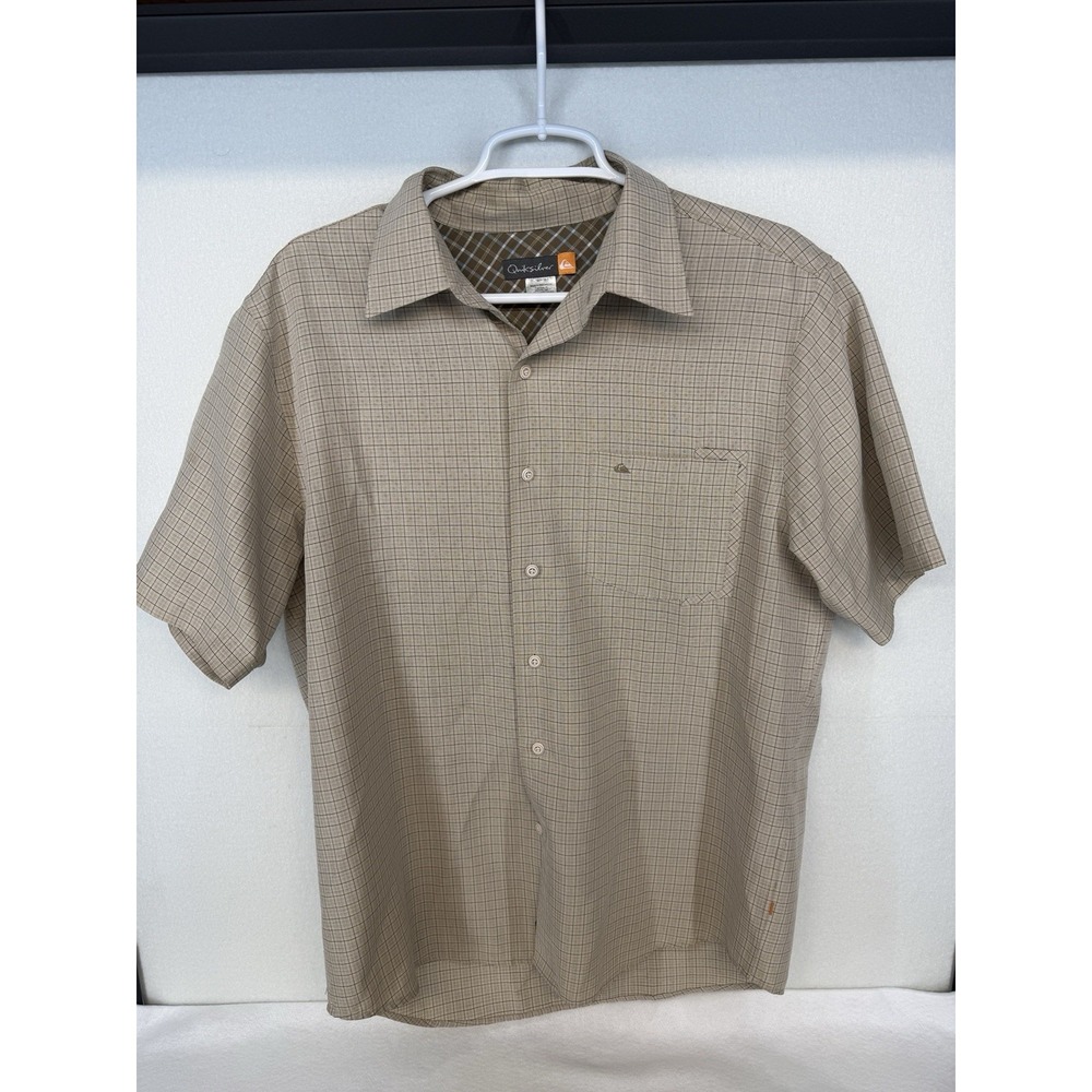Quiksilver‎ Men's Waterman Tan Micro Windowpane Short Sleeve Button Up Size Med